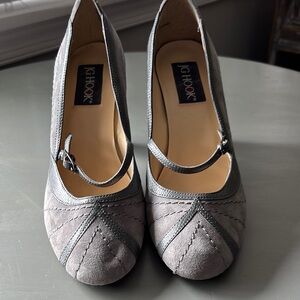 Gray Suede Mary Jane Heels with Textured Toe